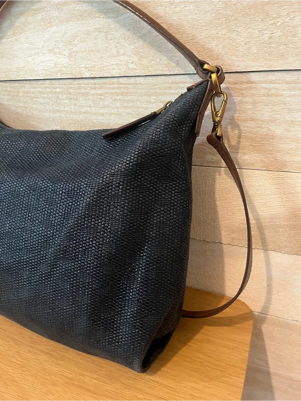 Fossil Woven Navy Hobo Shoulder Bag with Brown Leather Trim